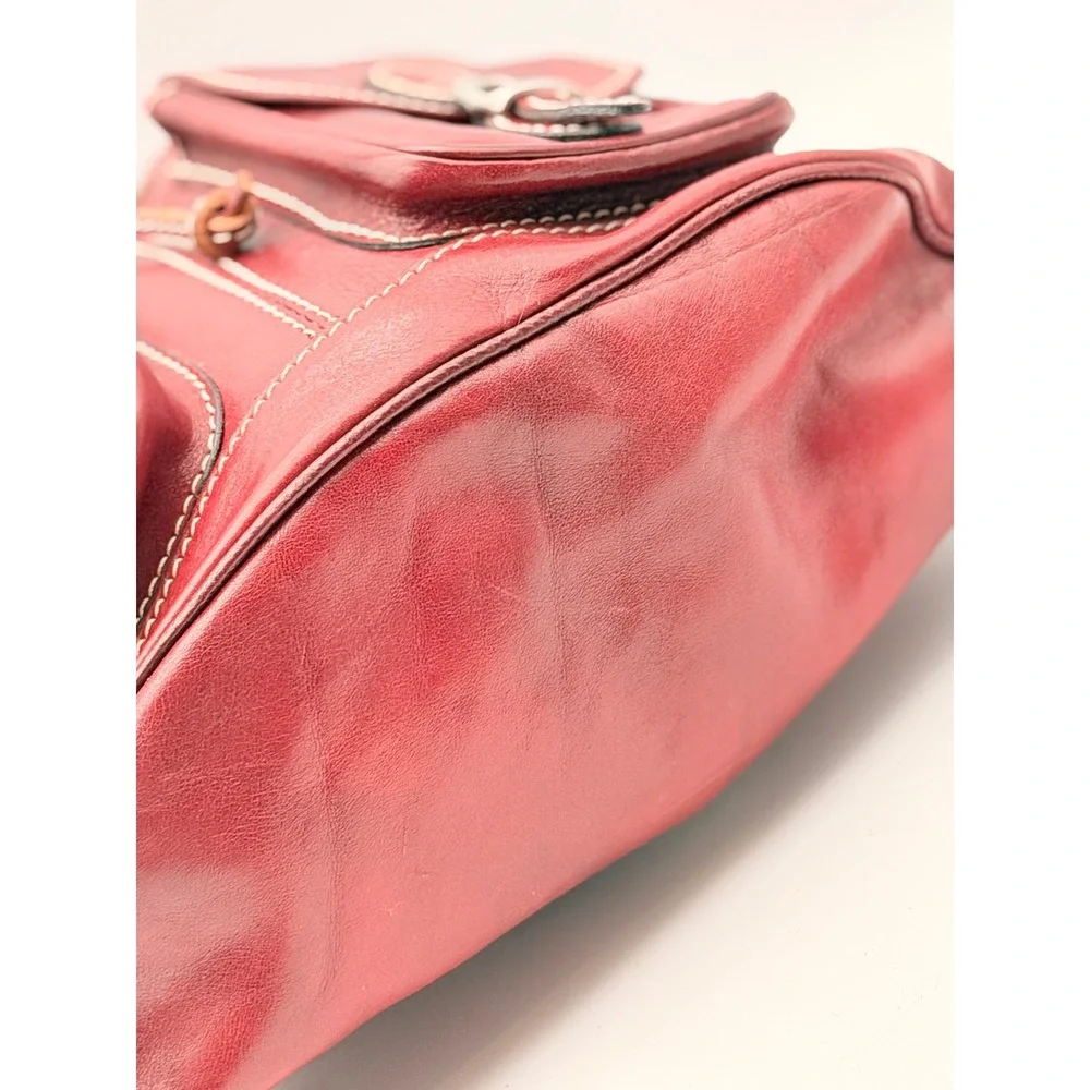 Vintage Red Leather Rucksack Backpack Contrast Stitch Buckle Drawstring Medium
